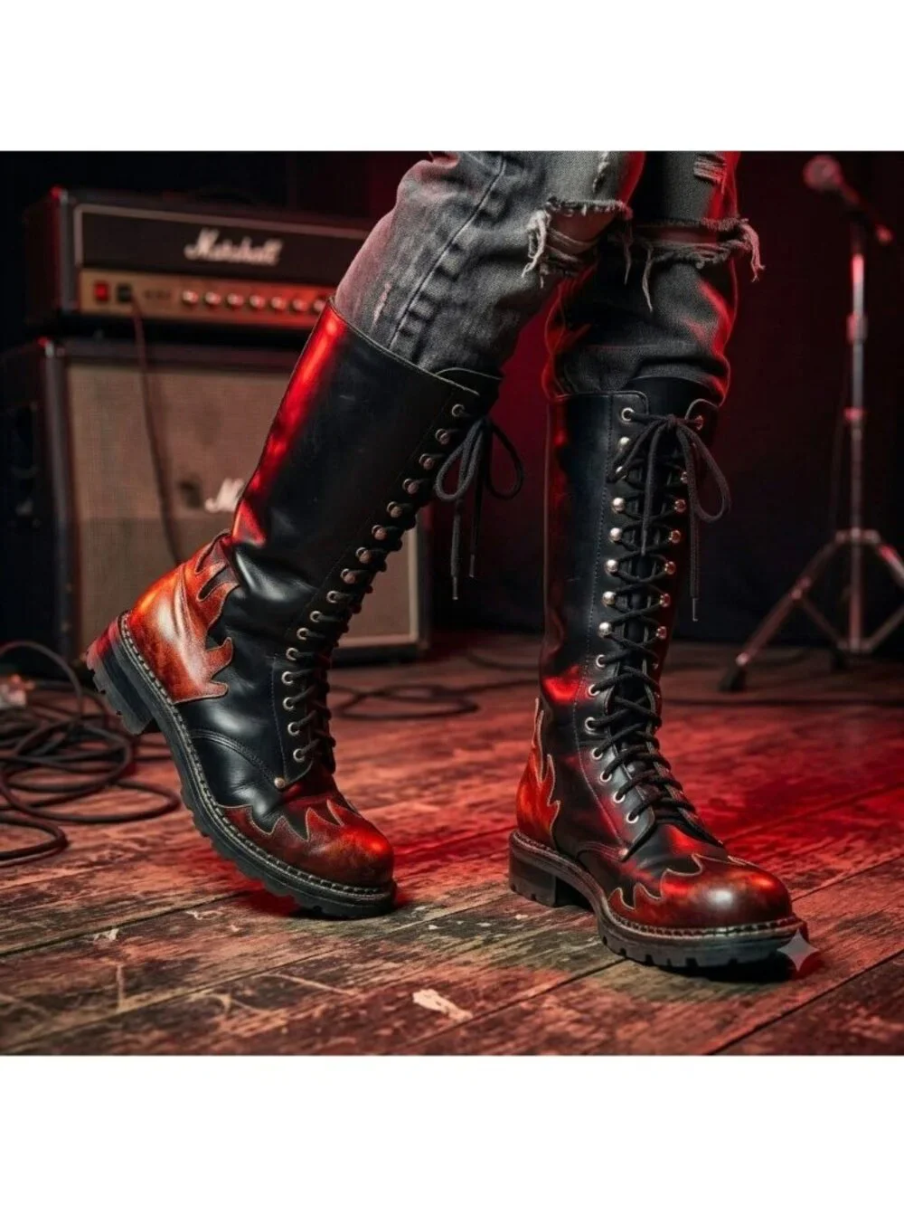Vintage 90s Smack Leather Lace Up Boots Mens Size 10 Flame Patchwork Moto Goth